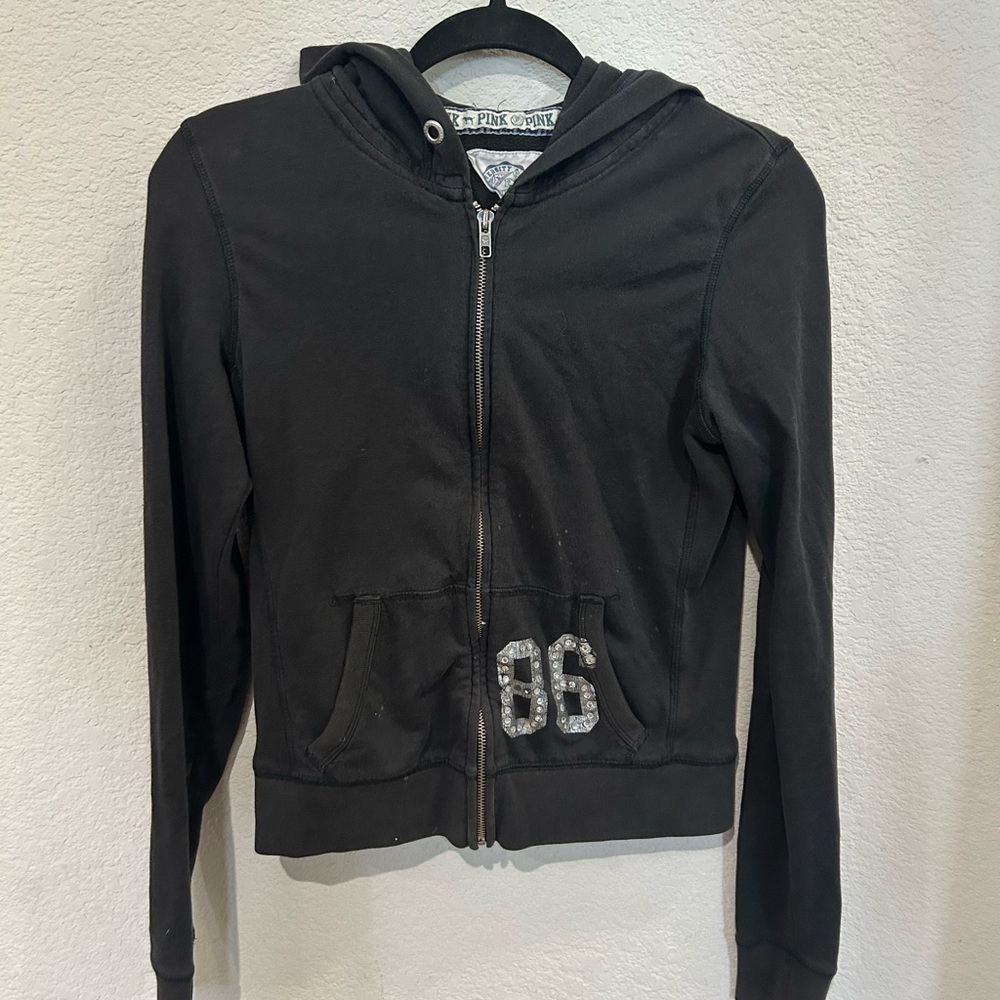 Victoria's Secret PINK Women's Black and Silver Hoodie